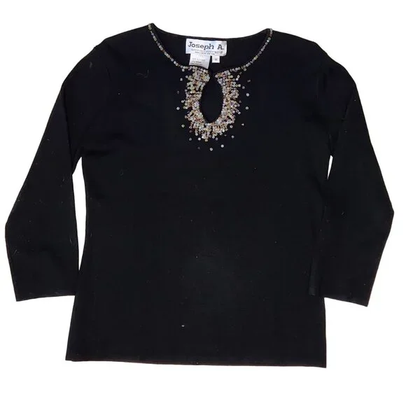 Vtg 90s Medium Sweater Black Sequin Silk Blend Keyhole Glam Sexy NOS Joseph A - Picture 2 of 7